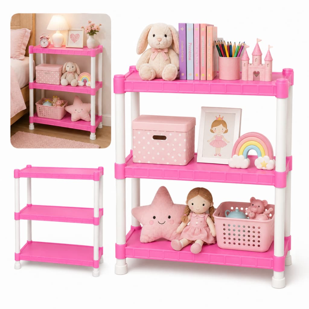 Estante Prateleira Rosa 3 Andares Quarto Infantil Colorida Multiuso Modular Bebê Plástico