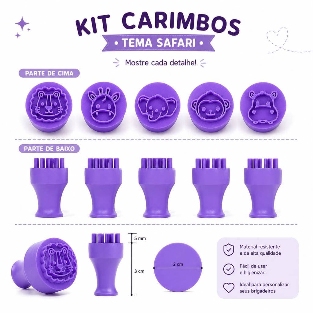 Kit Carimbo para Brigadeiro Tema Safari Carimbo Personalizado para Doces Confeitaria Docinho de Festa Leão Girafa Macaco