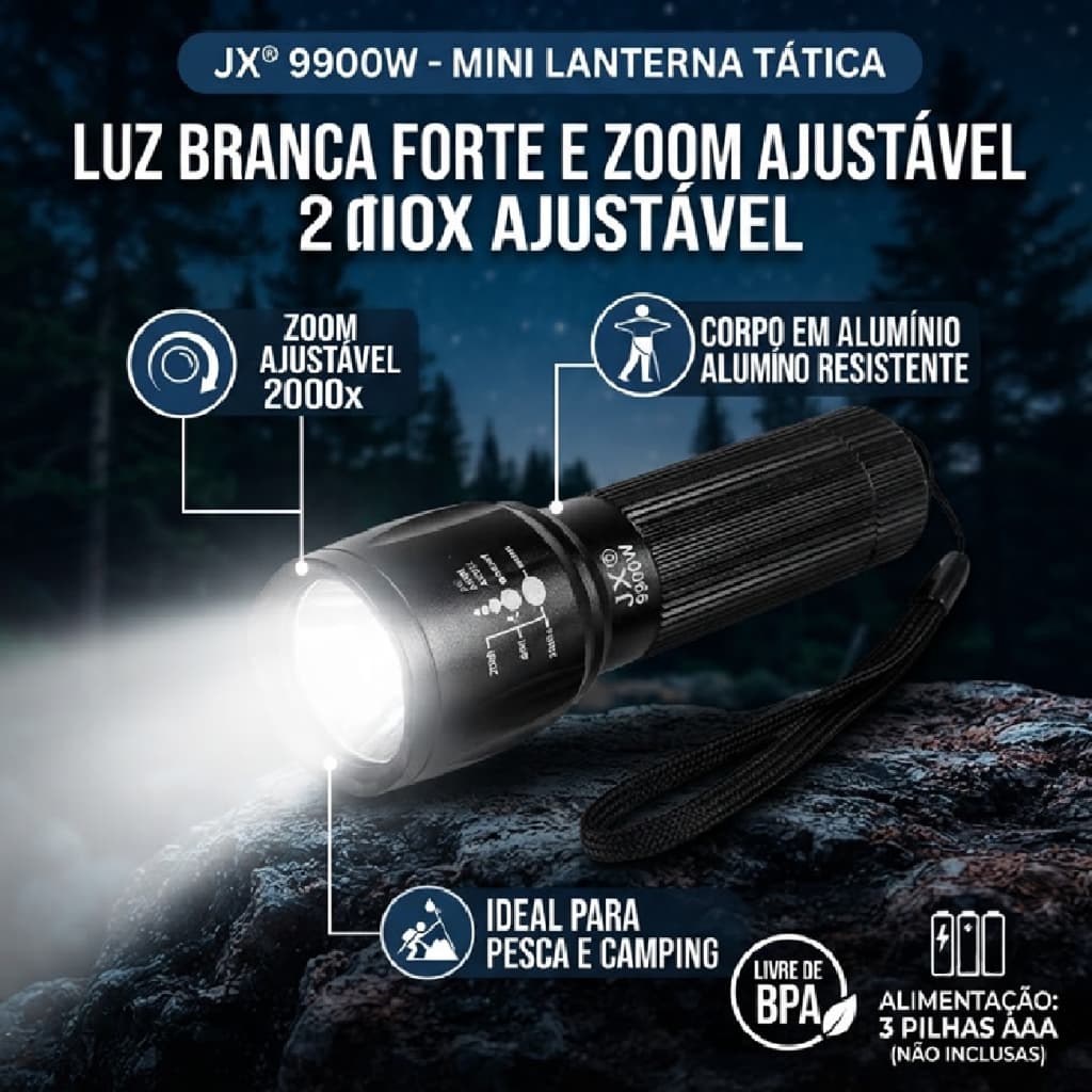 Mini Lanterna Tática 9900W Zoom 2000x Alça Alumínio Lanterna Bolso Luz Branca Forte Pesca Camping