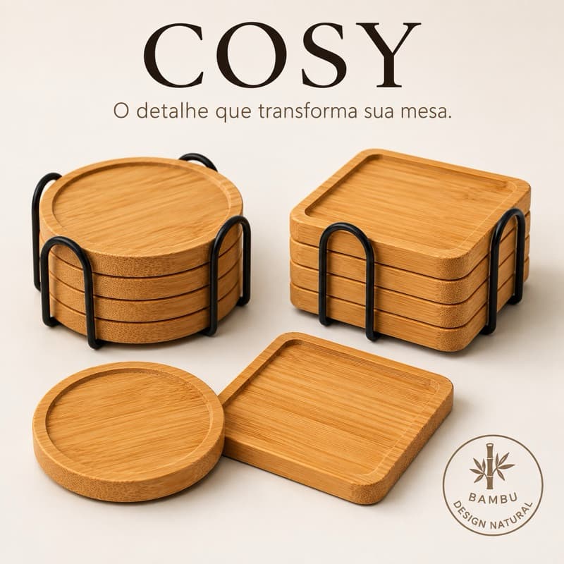 Porta-Copos de Bambu 4 unidades Cosy com Suporte | Kit Redondo ou Quadrado | Organizador para Mesa 10cm
