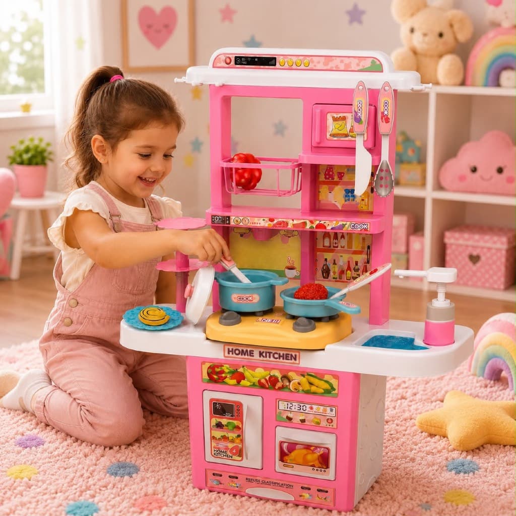 Cozinha Infantil Completa com Luzes e Som Rosa Brinquedo Faz de Conta Menina Com Acessórios