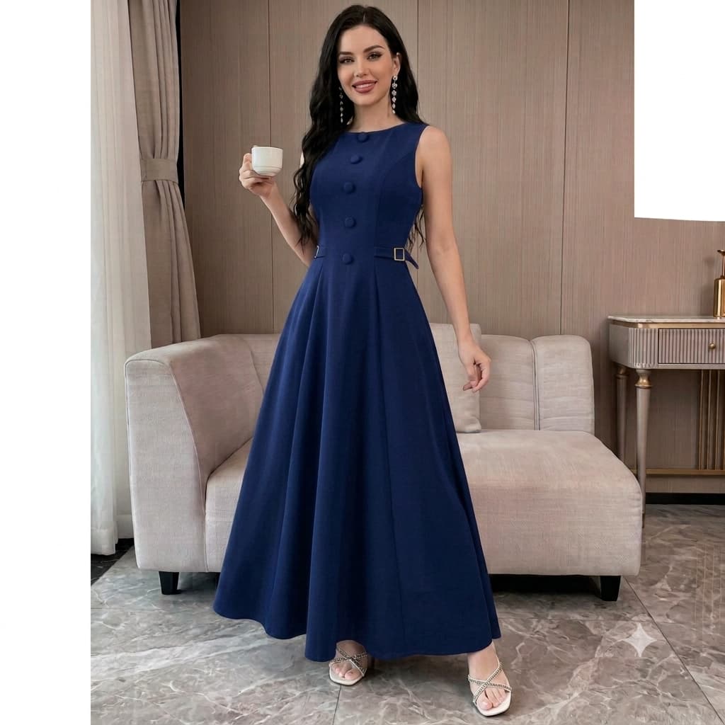 vestido longo evase  con botoes frontais e fibela na cintura visual elegante e sofisticado