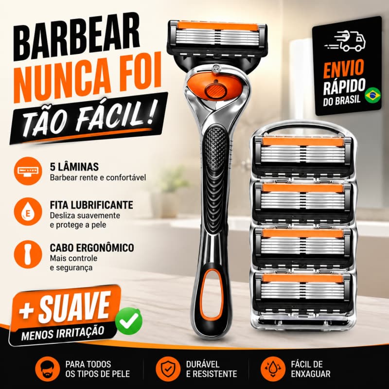 Barbeador Manual Masculino 5 Lâminas, Kit com Cabo + 4 Cartuchos, Barbear Suave sem Irritar a Pele para Uso Diário