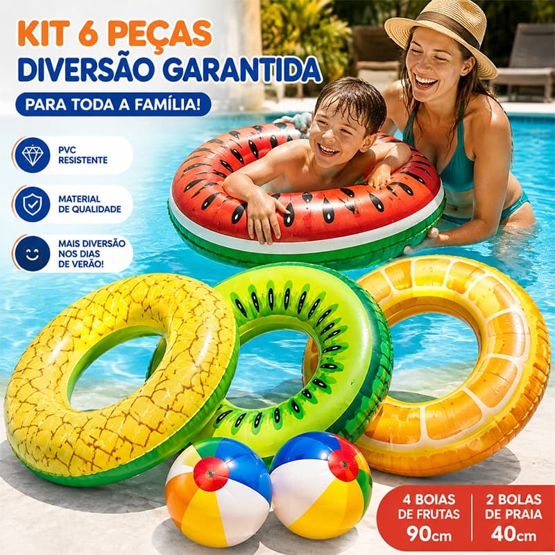 Kit 6 Peças Boia Inflável Frutas Gigantes 90cm + Bola De Praia 40cm Para Piscina Infantil Adulto Verão