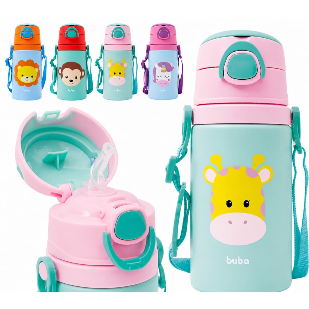 Garrafinha Alumínio Animal Buba 400ml Garrafa Infantil Colorida Garrafa Com Canudo E Alça Garrafa Para Bebe Escolar