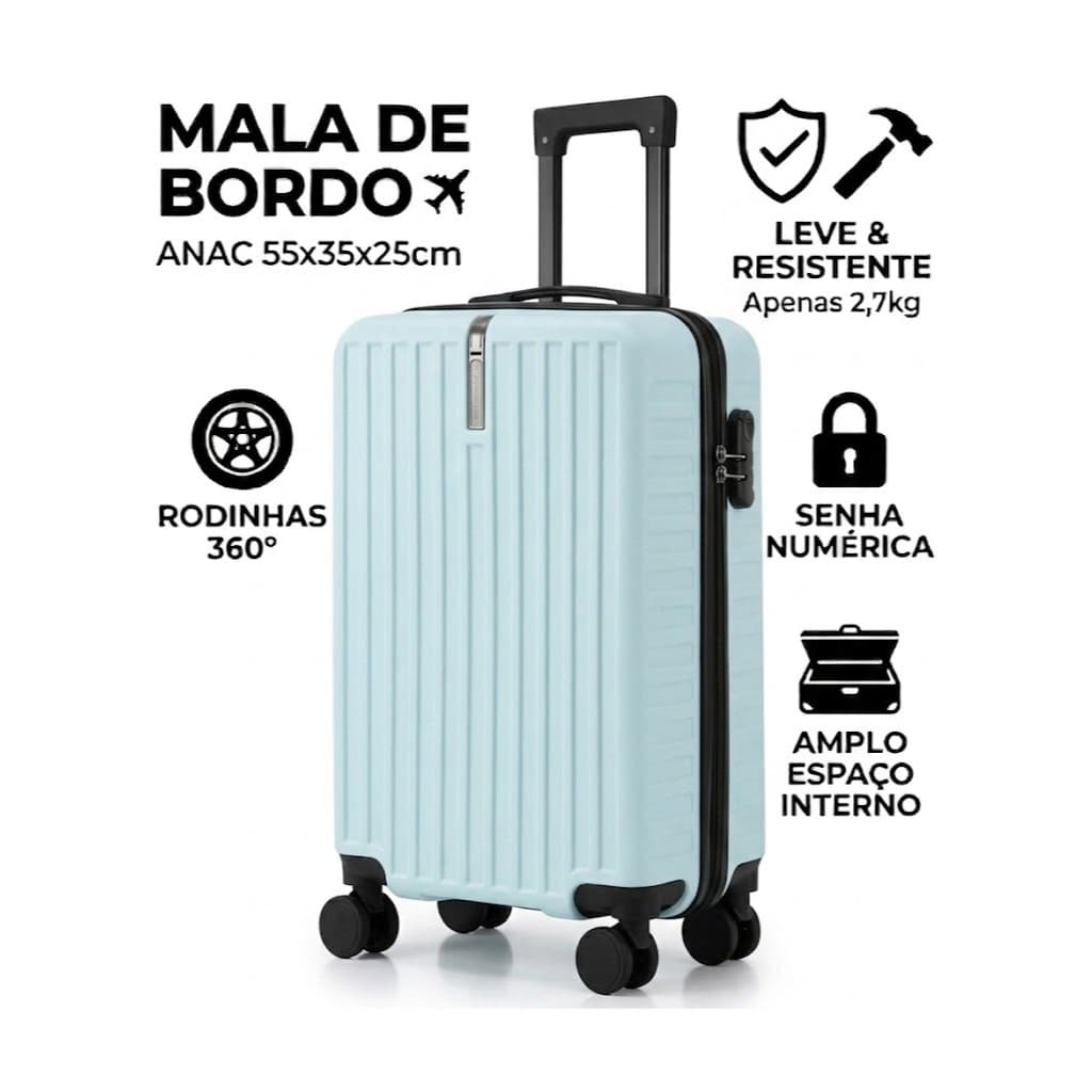 Mala de Viagem Bordo Avião com Cadeado Resistente Rodinhas 360°