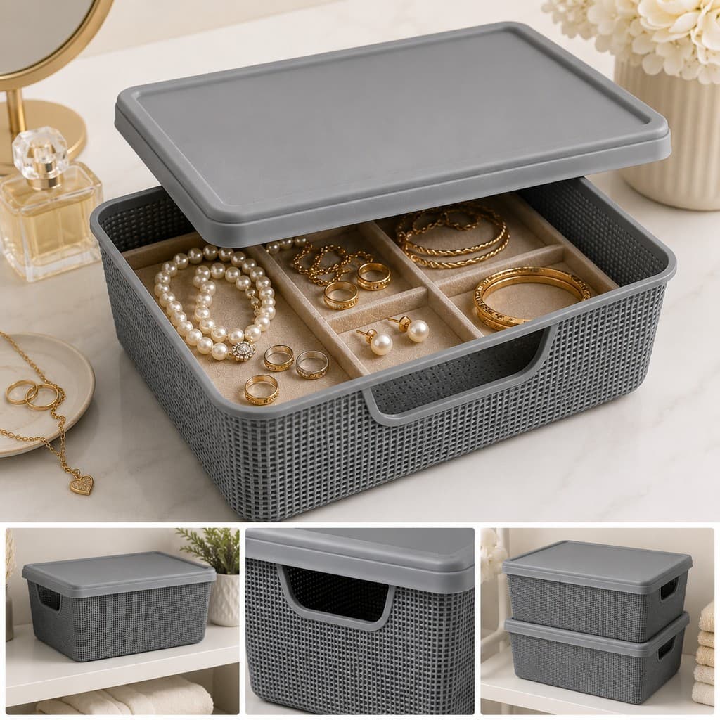 Caixa Cesto Organizador 5L Tampa Empilhável Plástico Trançado 26x18x11cm Gaveta Armário Closet Dispensa