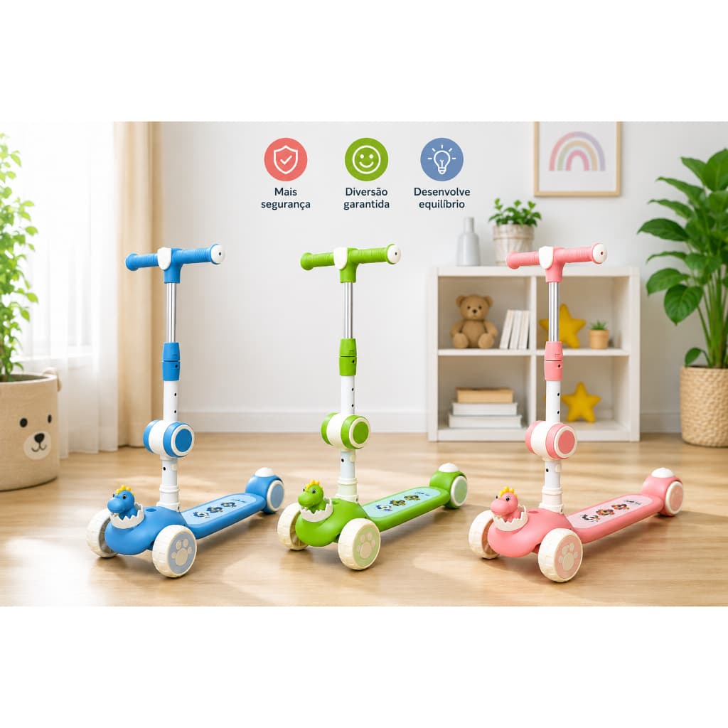 Patinete Infantil 2 em 1 3 Rodas Luz Som Assento Dino para Crianças