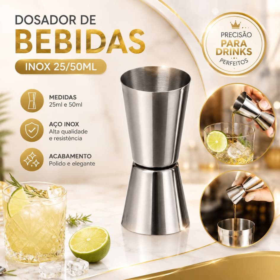 Dosador Duplo de Bebidas em Aço Inox 25/50ml Jigger Medidor Drinks Coquetéis Bartender Bar