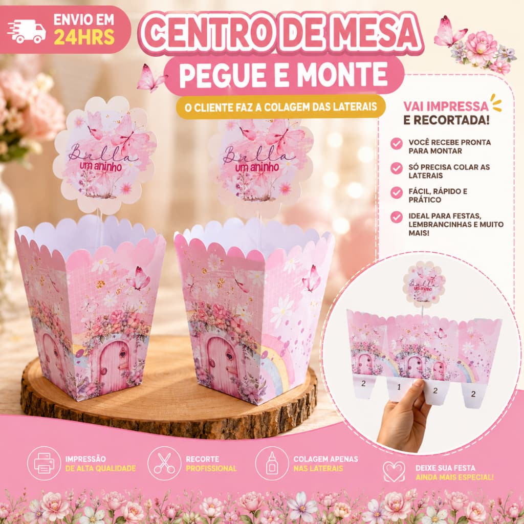Kit 10 Centro de mesa Jardim menina Personalizados /Lembrancinha de Festa /Aniversário PEGUE E MONTE