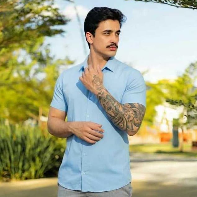 Camisa Masculina Manga Curta Com Lycra Slim Fit Confort谩vel Leve Respir谩vel N茫o Amassa Dia a Dia Premium