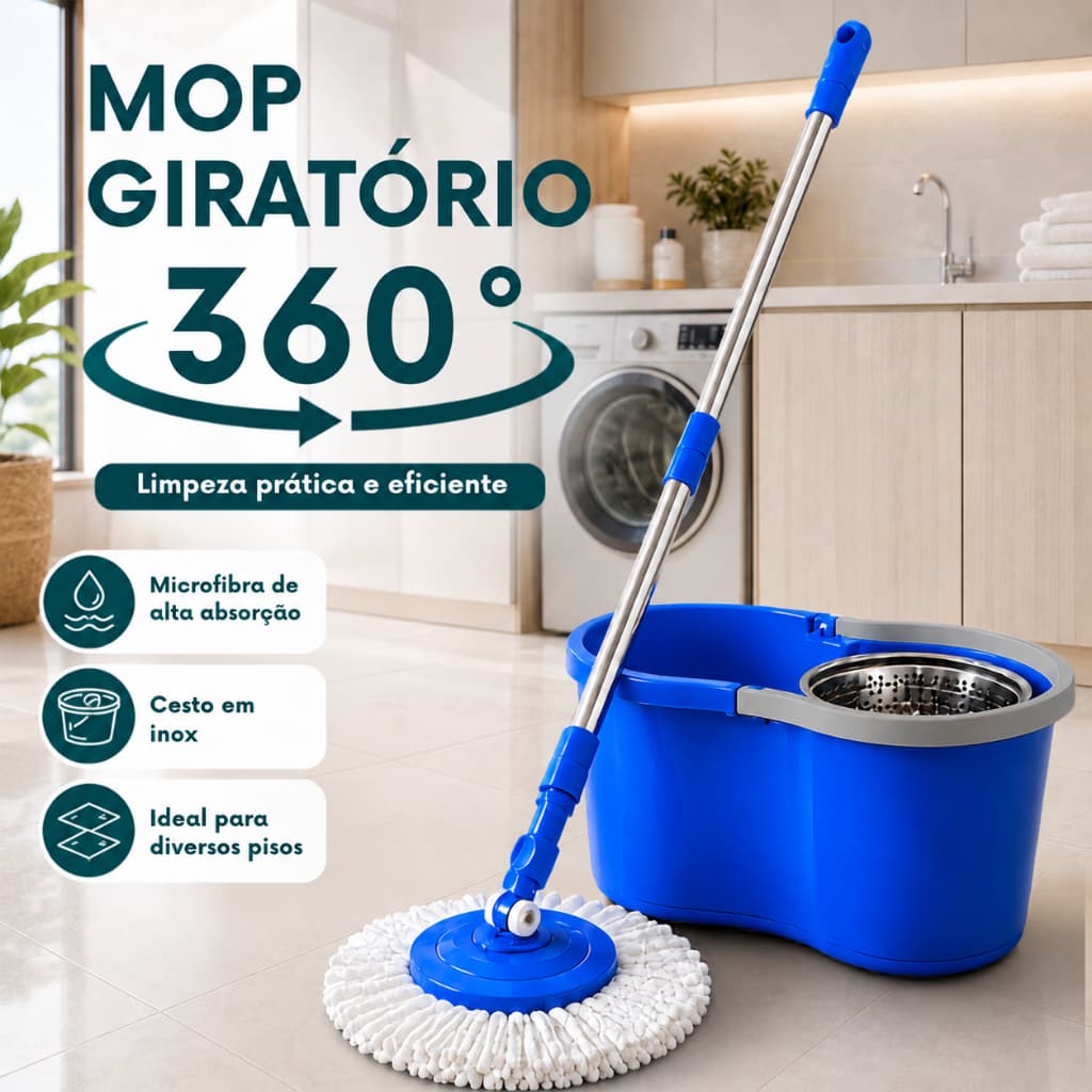 Mop Giratório 360° Balde 8L Cesto Inox Cabo Inox Limpeza Prática