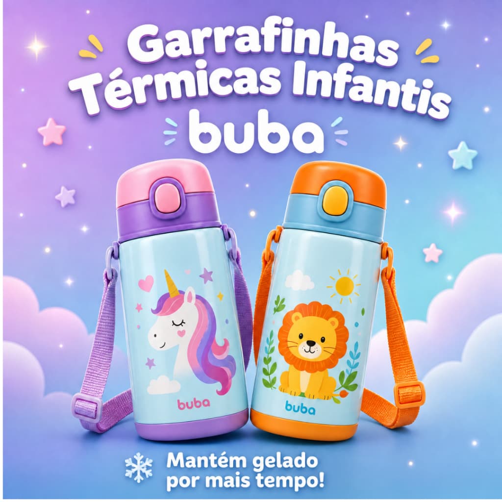 Garrafinha De Alumínio Térmica Com Canudo Buba Animal Fun Leão e Unicórnio
