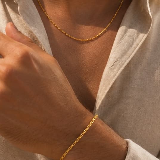 Kit Corrente Tijolinho Masculino + Pulseira Banhada a Ouro 18K, Kit Tijolinho Banhado a Ouro, Semijoias Masculinas, Corr