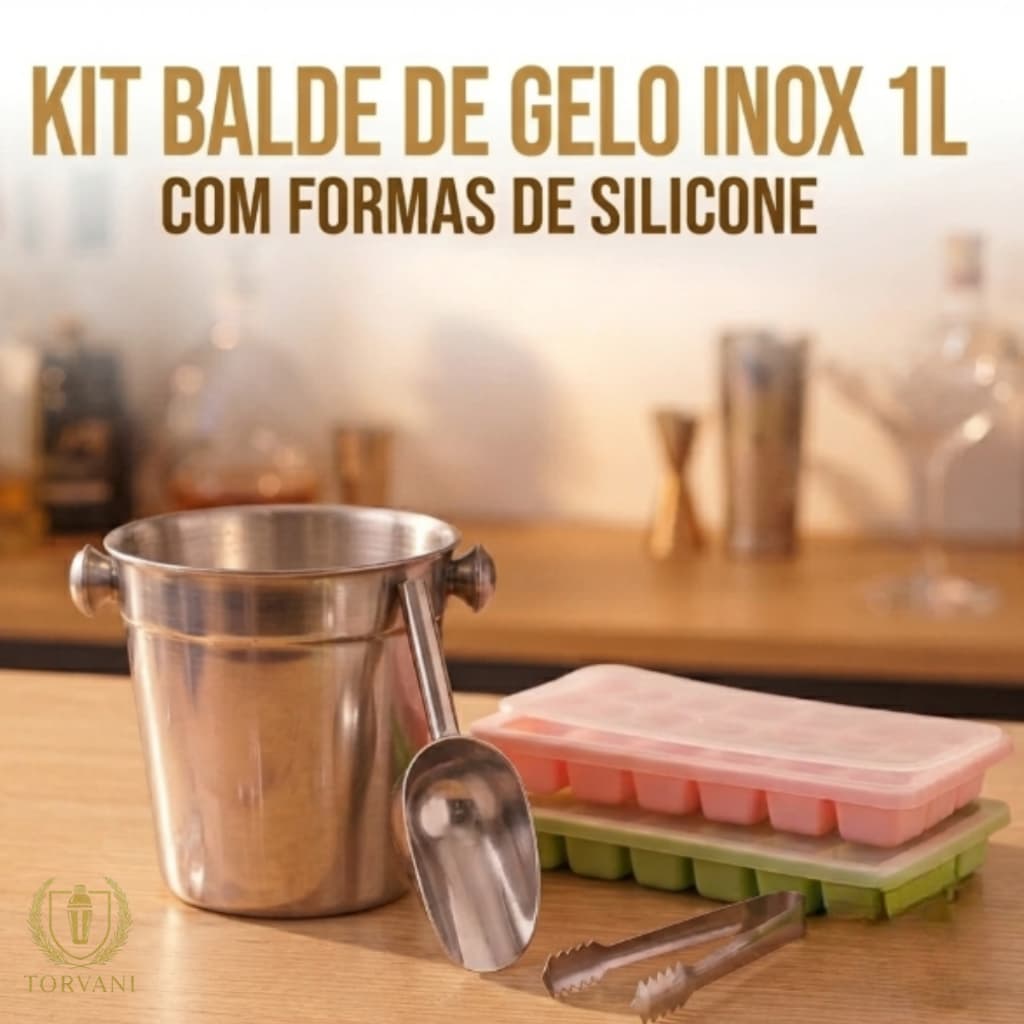 Kit Balde De Gelo Inox 1L + 2 Formas De Gelo Silicone com Tampa + Pegadores de Gelo