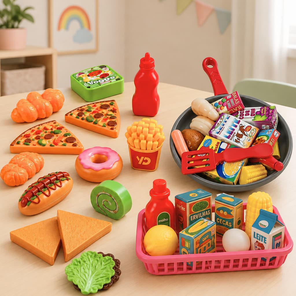 Kit Brinquedo Menino Menina Comidinha Infantil Velcro Mercadinho Comidas Brinquedo Cozinha Infantil