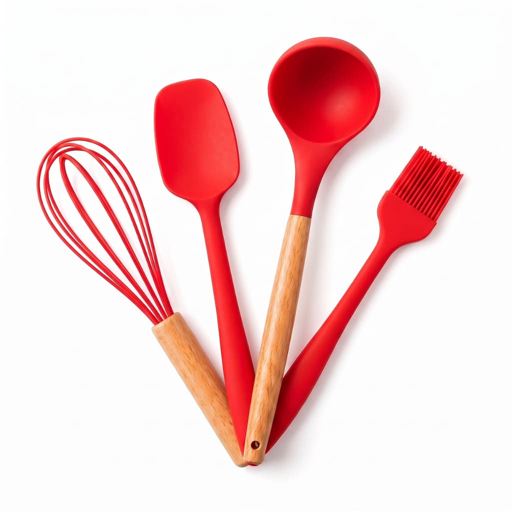 Kit 4 Utensílios Cozinha Silicone Cabo Madeira Fouet 23,6cm Espátula 27,5cm Concha 30,8cm Pincel 26,3cm