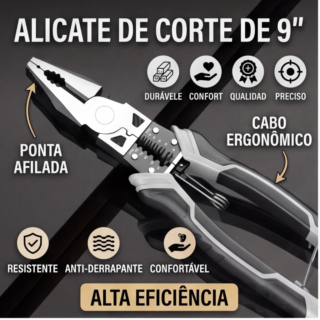 Kit 3 Alicates Multiuso Aço Cromo Vanádio 8"9" Alicate Diagonal, Bico Fino e Alicate Universal para Trabalhos Elétricos