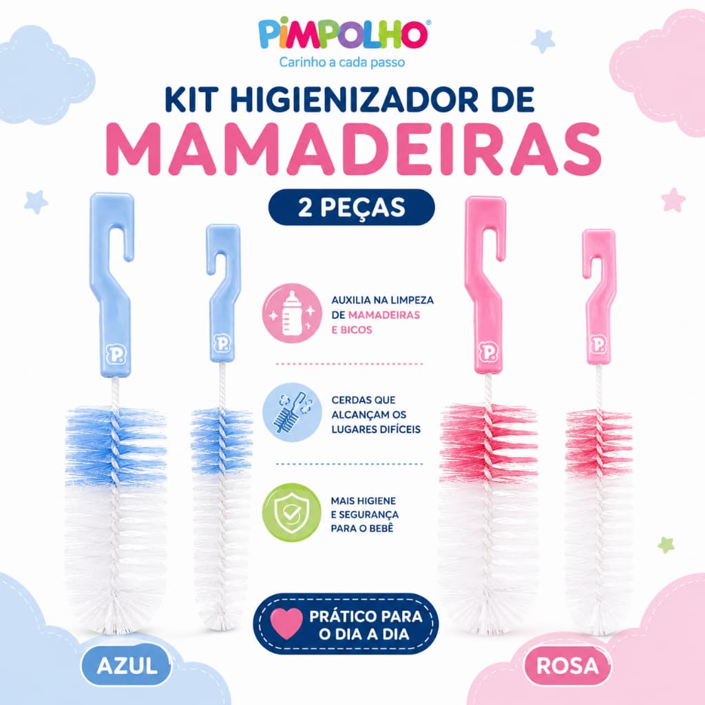Kit Higienizador de Mamadeira Pimpolho 2 Peças Escova para Mamadeira e Bico