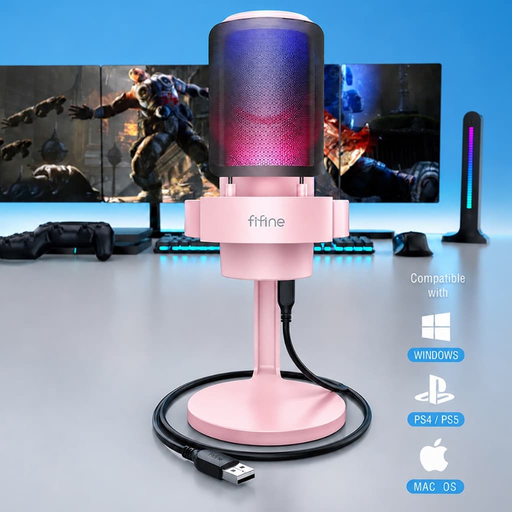 Microfone Gamer Fifine Com Fio Usb C Led Rgb Condensador Cardioide Touch Para PC/Mac PS4 PS5 Streaming Podcast A8 Rosa