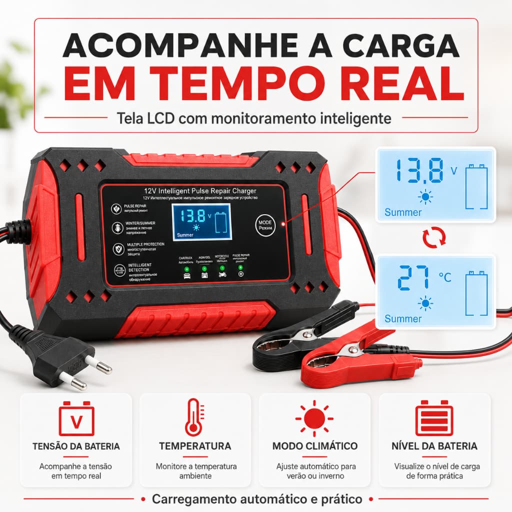 Carregador de Bateria Automotivo 12V Inteligente Bivolt Carro e Moto Reparo por Pulso Digital LCD 6A