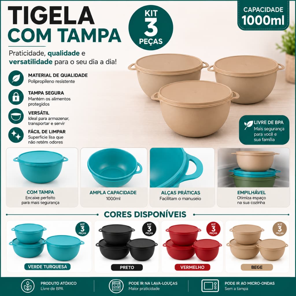 Kit 3 Tigelas com Tampa 1000ml Polipropileno – Potes para Armazenar Alimentos – Cores Variadas