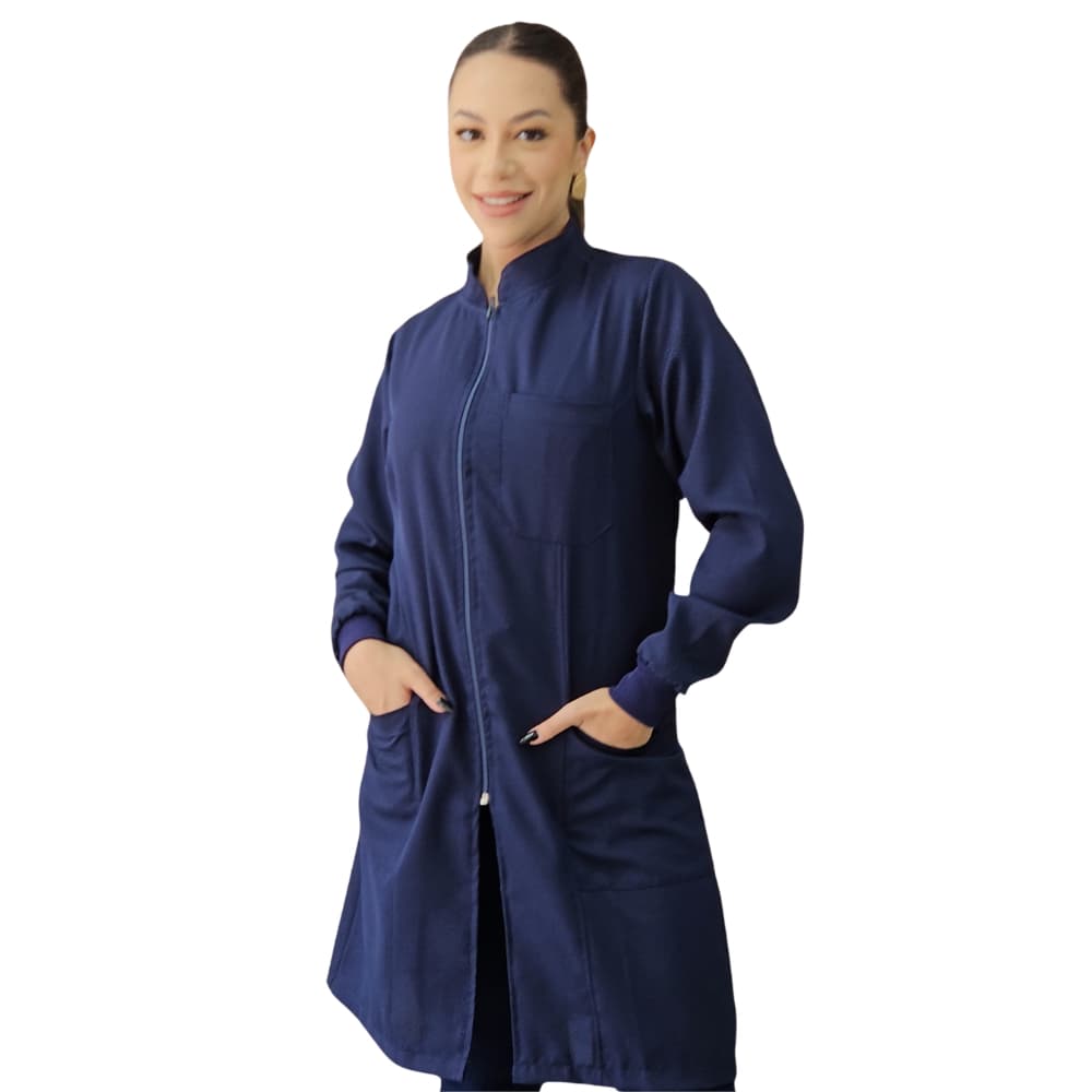 Jaleco Azul Marinho Feminino Oxford Ziper Manga Longa Punho