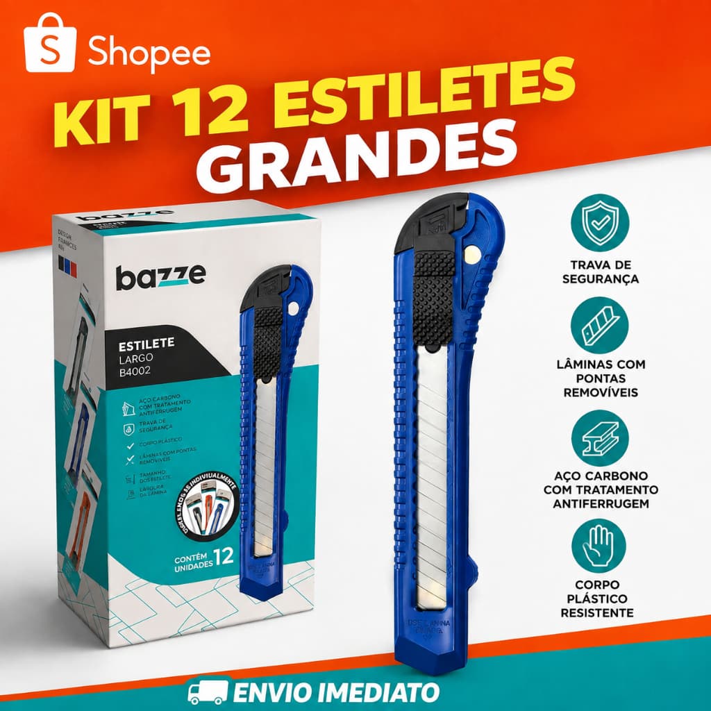 Kit Caixa com 12 Estiletes Largos Bazze B4002 Profissionais com Trava de Segurança