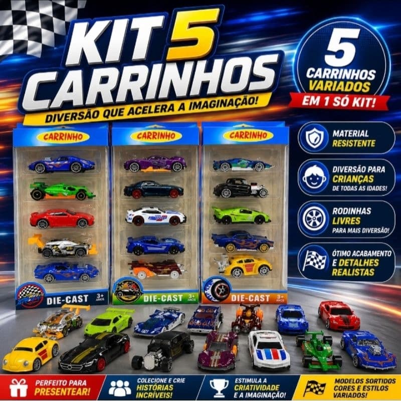 Kit 5 Carrinhos estilo hot wheels de Brinquedo Mini Carros Esportivos Coleção Infantil