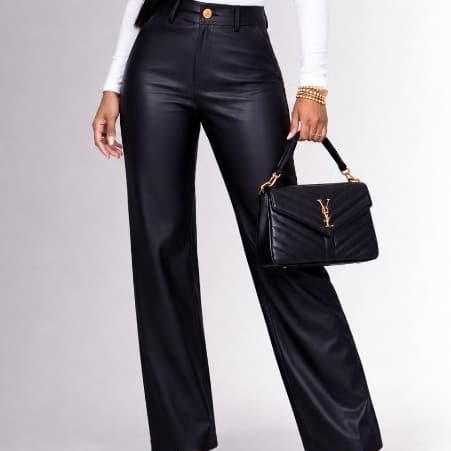 Calça Feminina Pantalona Couro Fake Wide Leg