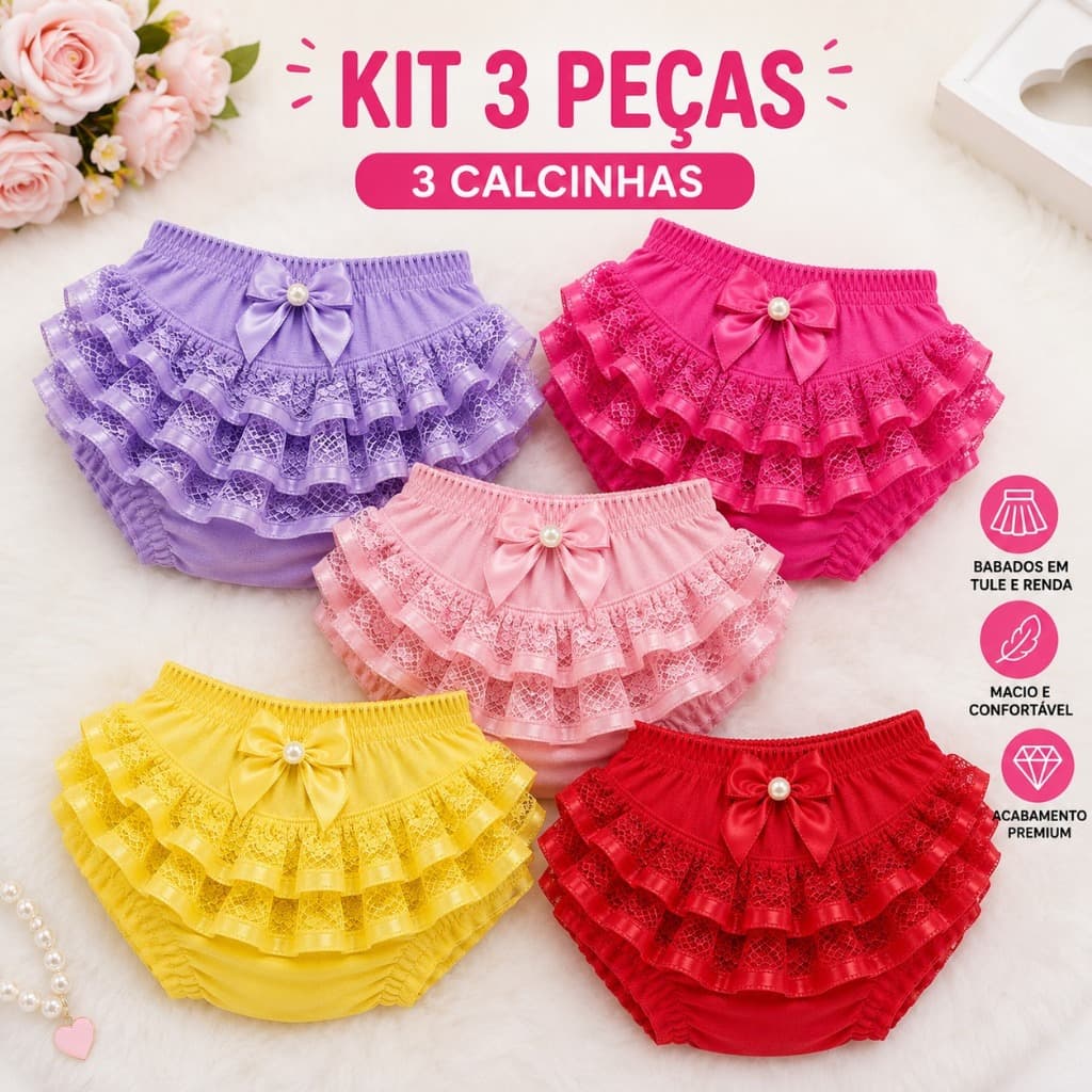 Kit 3 Calcinha Bunda Rica Com Laço E Renda Babadinho Escolha a Cor Bebe