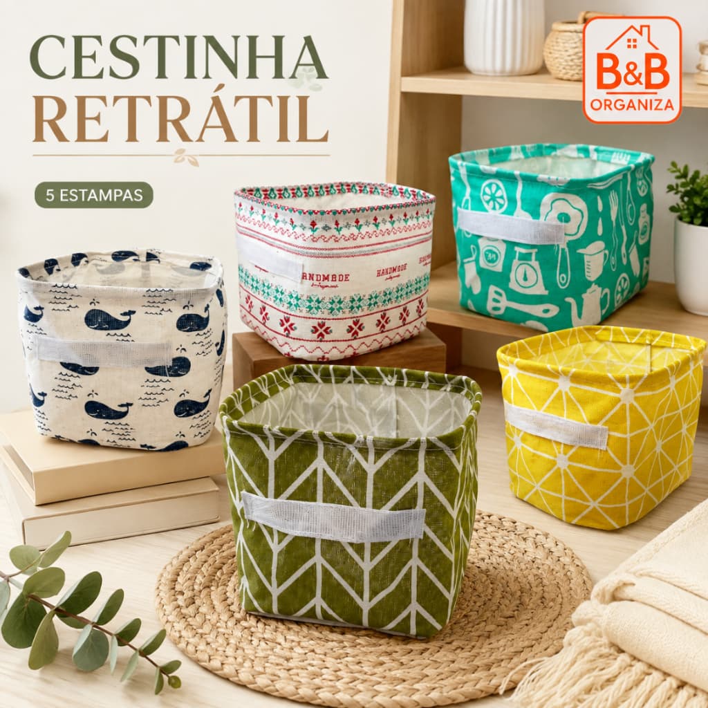 Cesto Organizador Retangular Dobrável Multiuso de Tecido Poliéster para Quarto Closet e Armário