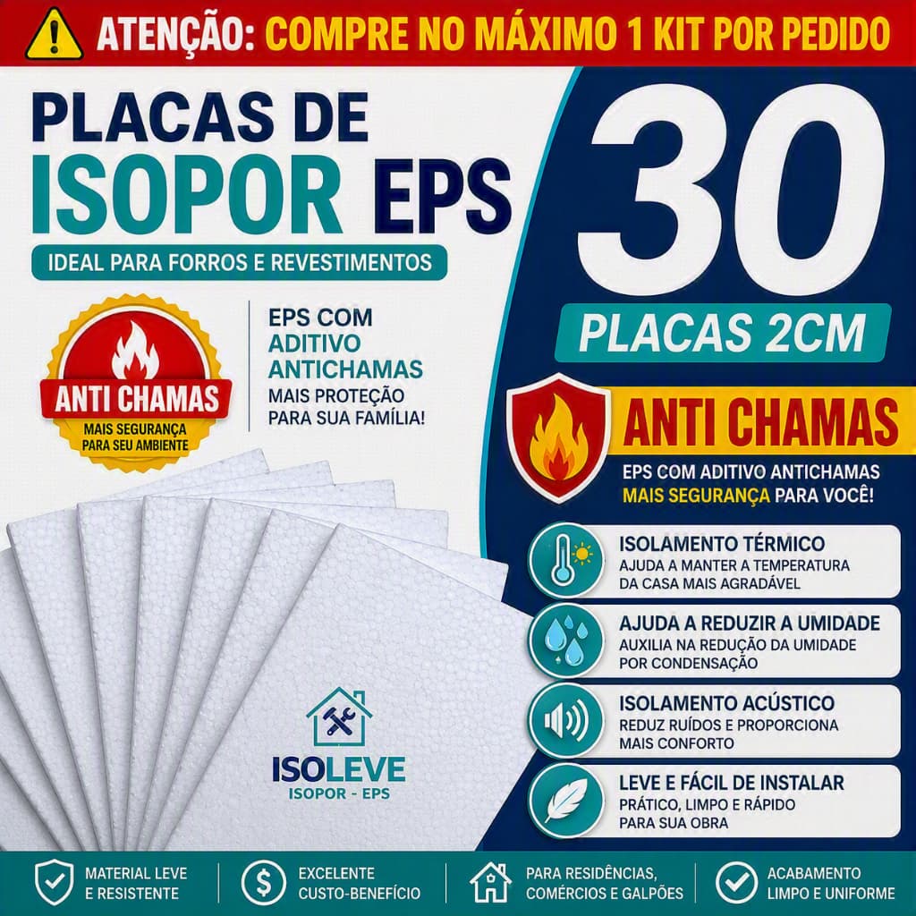 Forro de Isopor EPS 2cm Anti Chamas – 1metro por 40cm Kit com 30 Placas