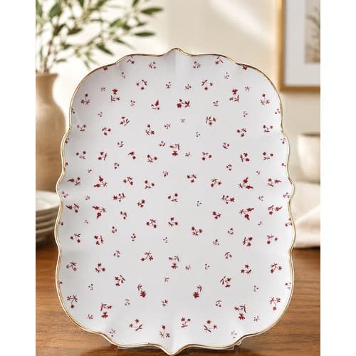 Travessa Porcelana Floral Vermelha Com Borda Dourada Creative