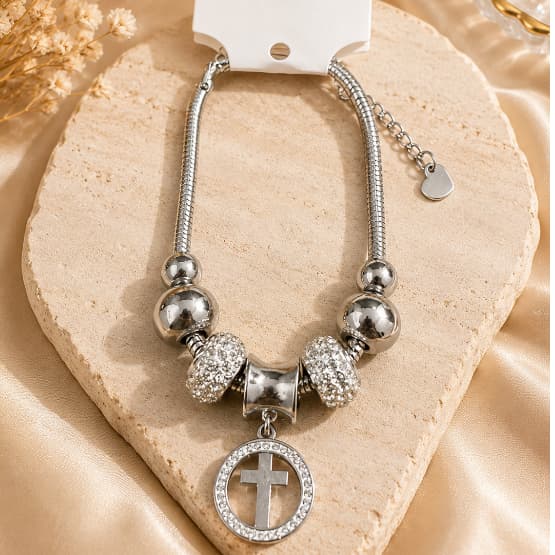 Pulseira Feminina Aço Inoxidável 316L com Pingente Cruz e Strass