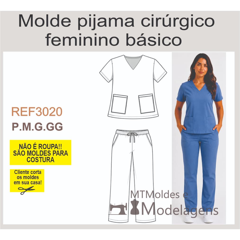 REF3020 Molde Pijama Cirúrgico Feminino básico Multitamanhos P ao GG Impresso em Papel