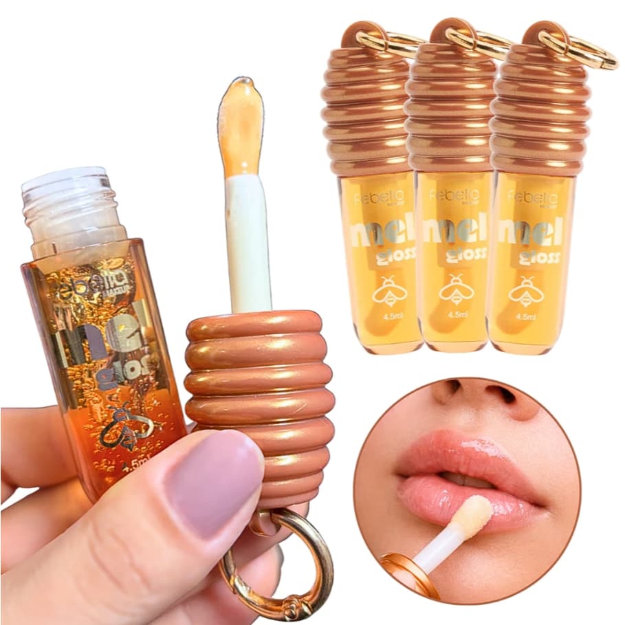 Lip Gloss Mel Febella com Chaveiro | Hidratante Brilho Intenso | Gloss Labial Fofo e Portátil
