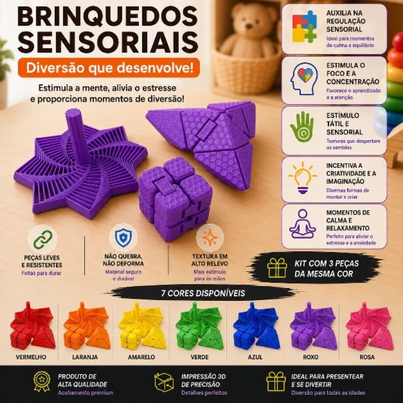 Kit 3 Brinquedos Sensoriais Fidget Toy Infantil Antiestresse Criativo para Foco e Concentração
