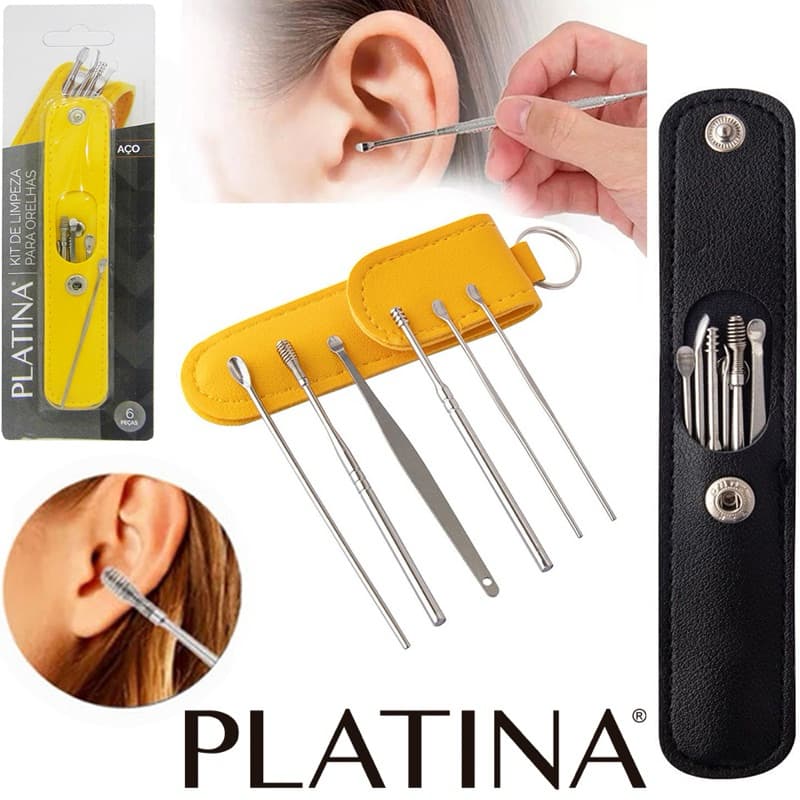 KIT PARA LIMPEZA DE OUVIDO DE INOX COM 6 PECAS + ESTOJO