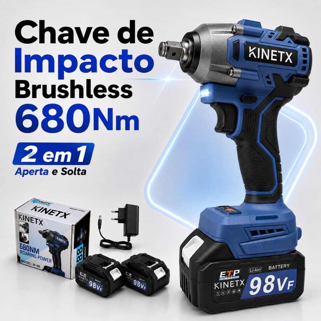 Chave De Impacto Parafusadeira Brushless 680Nm 98VF Sem Fio 2 Em 1 Kit 2 Baterias Lítio + Acessórios