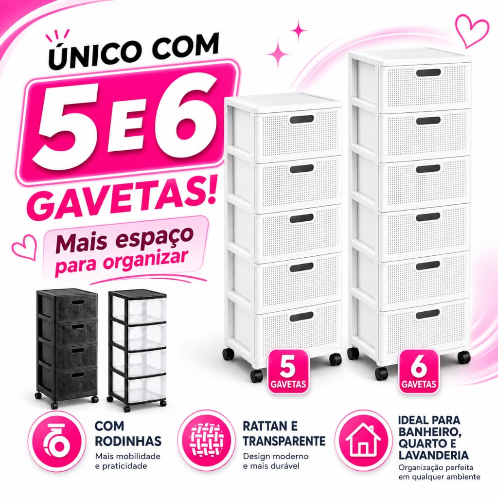 Comoda Gaveteiro Porta Tudo com Rodas Grande e 3, 4, 5 e 6 Gavetas Rattan Monte Líbano