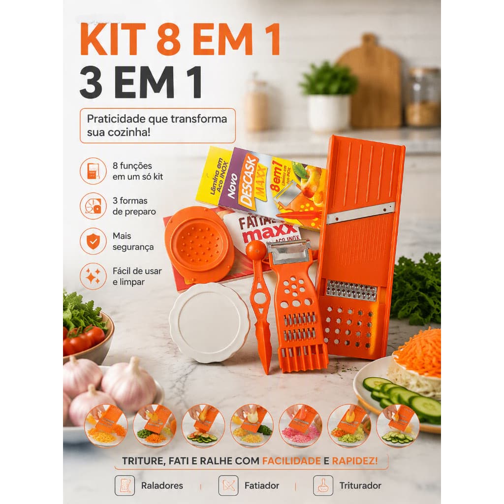 kit 3 produtos fatiador maxx de legumes frutas e veduras+ descascador e ralador 8x1+ triturador de alho
