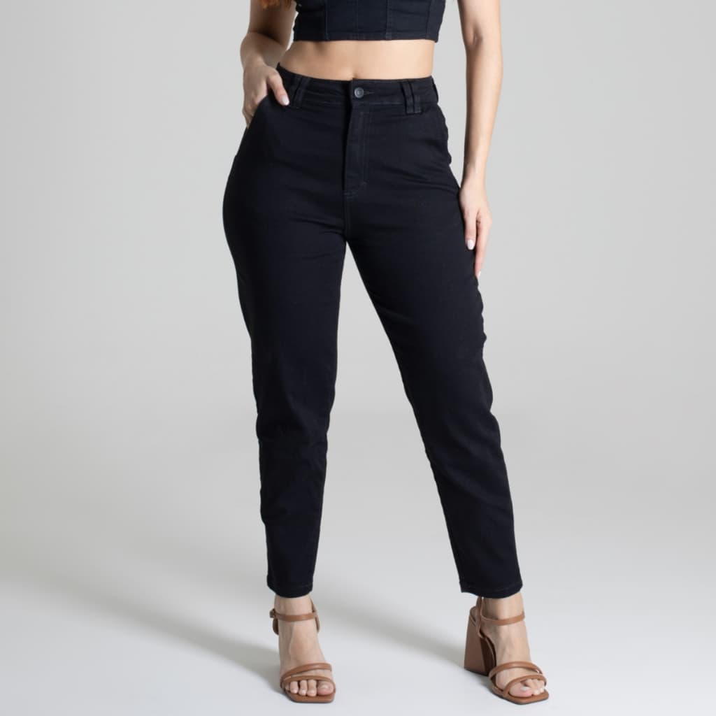 Calça Mom Preta Sawary Jeans Original Cintura Alta Lycra Elastano Confortável Bolsos Funcionais