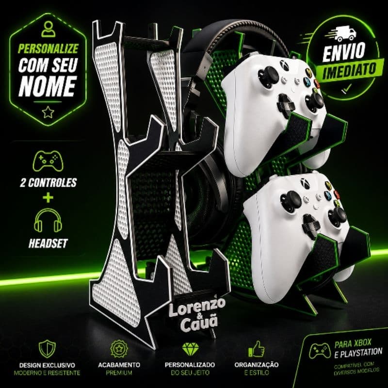 Suporte Gamer Personalizado p/ PS5 / Xbox / Pc  Organiza 2 Controles + Headset | Com Seu Nome