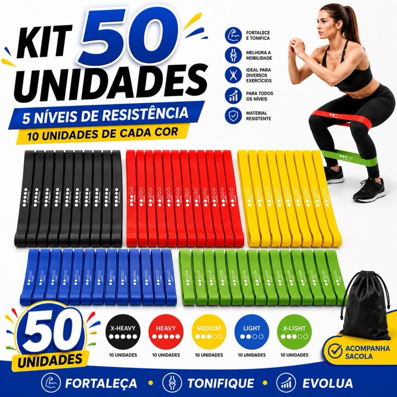 Kit 50 Mini Bands Elásticas de Resistência 5 Níveis Academia Fitness Treino