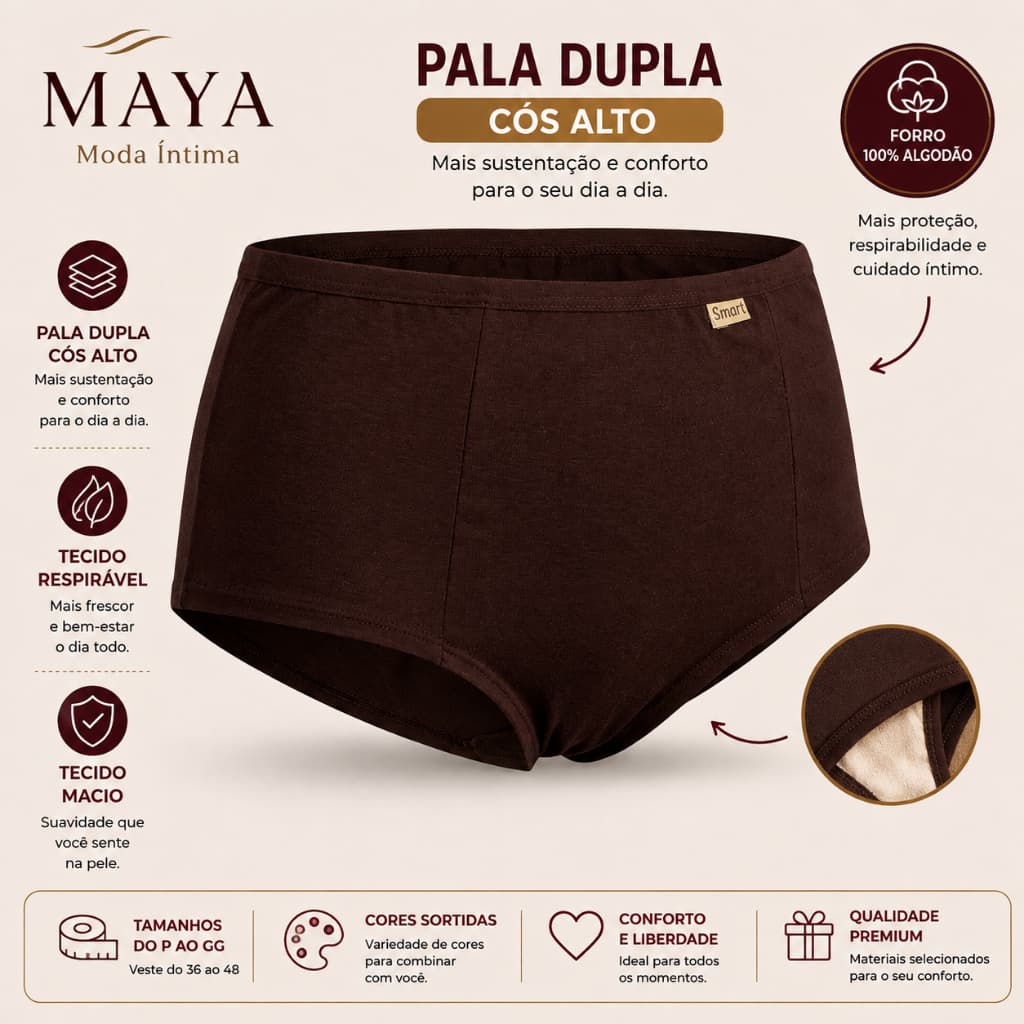 Kit 4 Calcinha Feminina Pala Dupla Cintura Alta Microfibra Forro 100% Algodão M ao GG Cores Sortidas