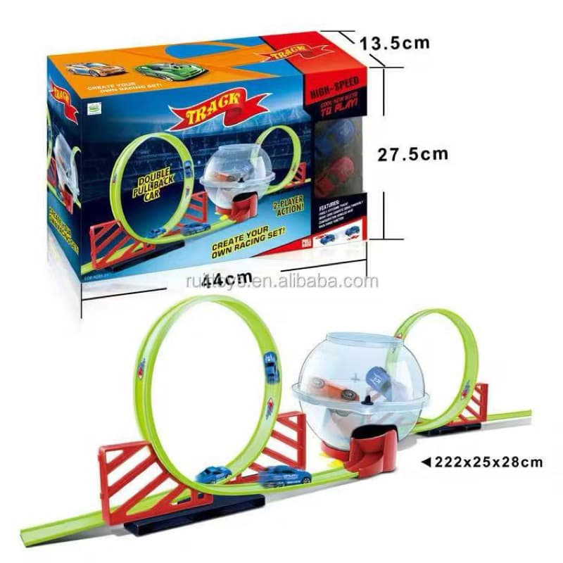 Pista de Carrinho com 2 Loopings Esfera Central e 2 Carrinhos de Corrida
