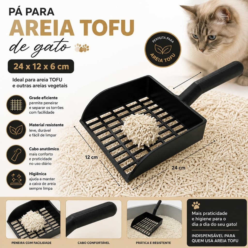 Pá para Areia Tofu de Gato 24x12x6cm – Pá Higiênica para Peneirar Areia de Gato