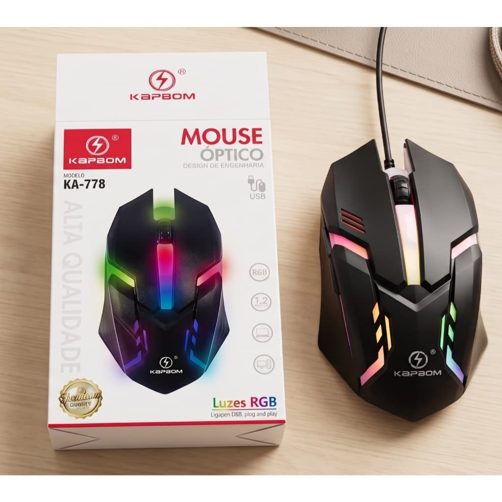 Mouse Óptico USB Kapbom KA-778 Gamer RGB com Fio Plug and Play para PC e Notebook