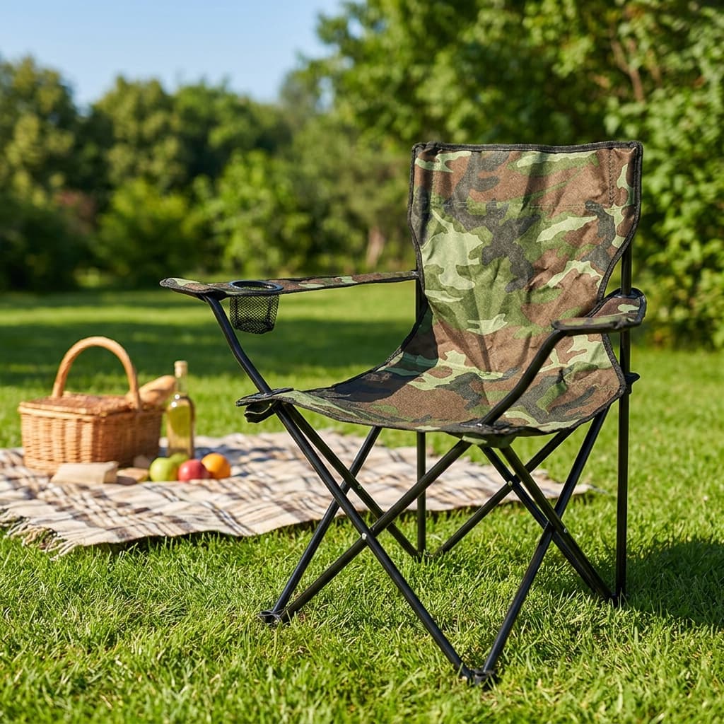 cadeira de camping dobrável camuflada com apoio de braço e porta-copos de tela – cadeira portátil e resistente para camp